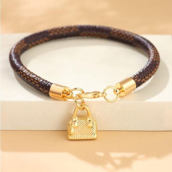 Designer Inspired Brown Checkered Gold Plated Bag Charm Bracelet - Picture 1 of 9